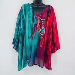 Catherines Women's sheer v neck top Size 3XWP watercolor sequins embroidered art